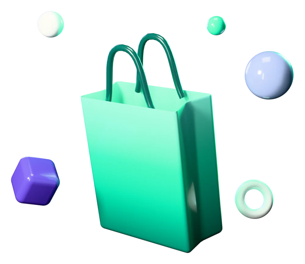 A glossy green shopping bag surrounded by floating shapes