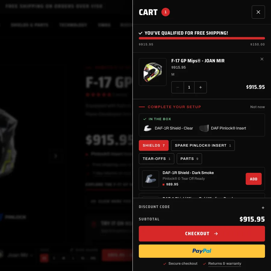 Kabuto Americas cart drawer with a free shipping bar, the F-17 helmet in the cart and a Complete your setup tray offering shields, Pinlock inserts, tear-offs and parts