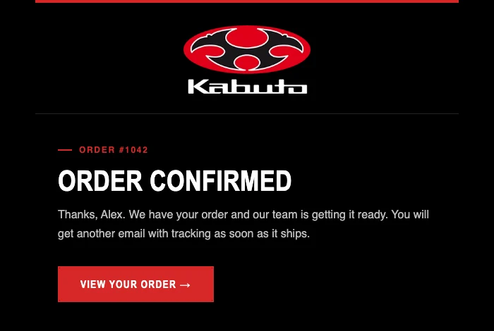 Kabuto Americas order confirmation email with the Kabuto logo and a View your order button