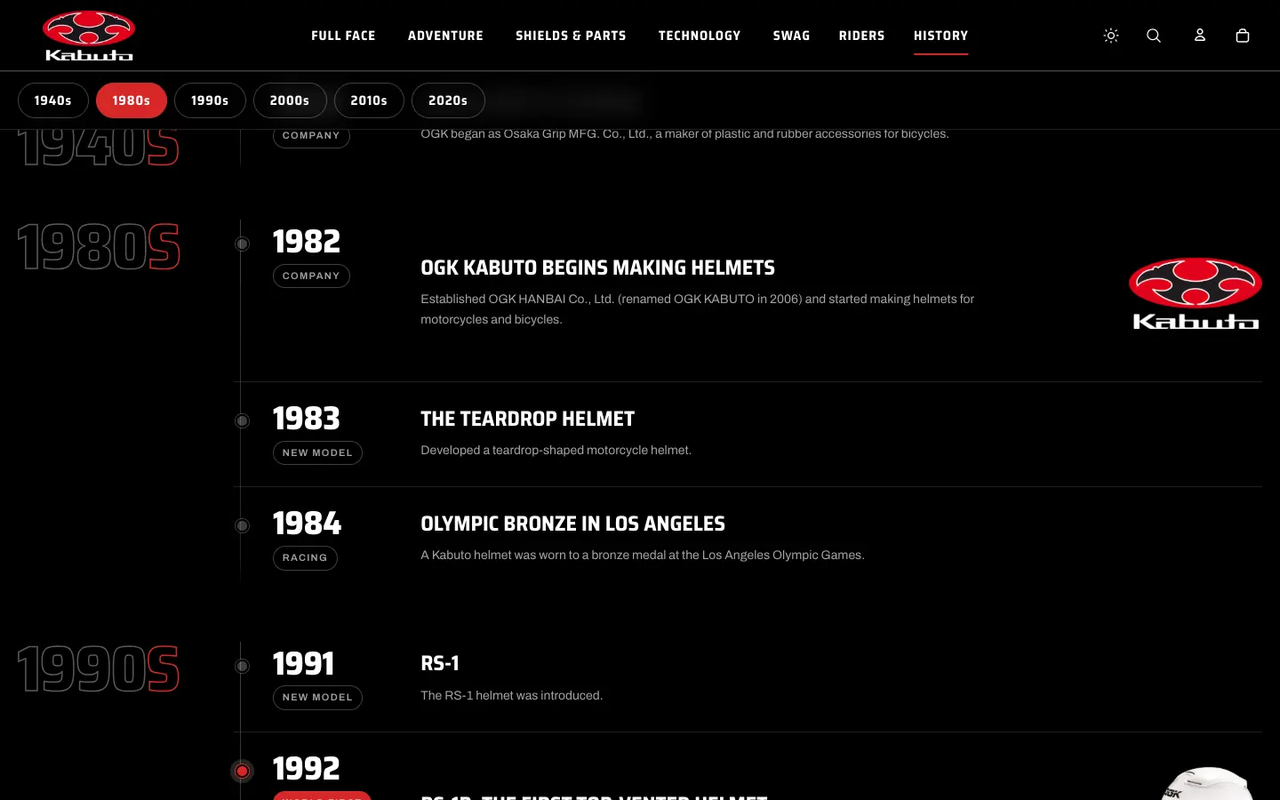 Kabuto history timeline with decade tabs from the 1940s to the 2020s