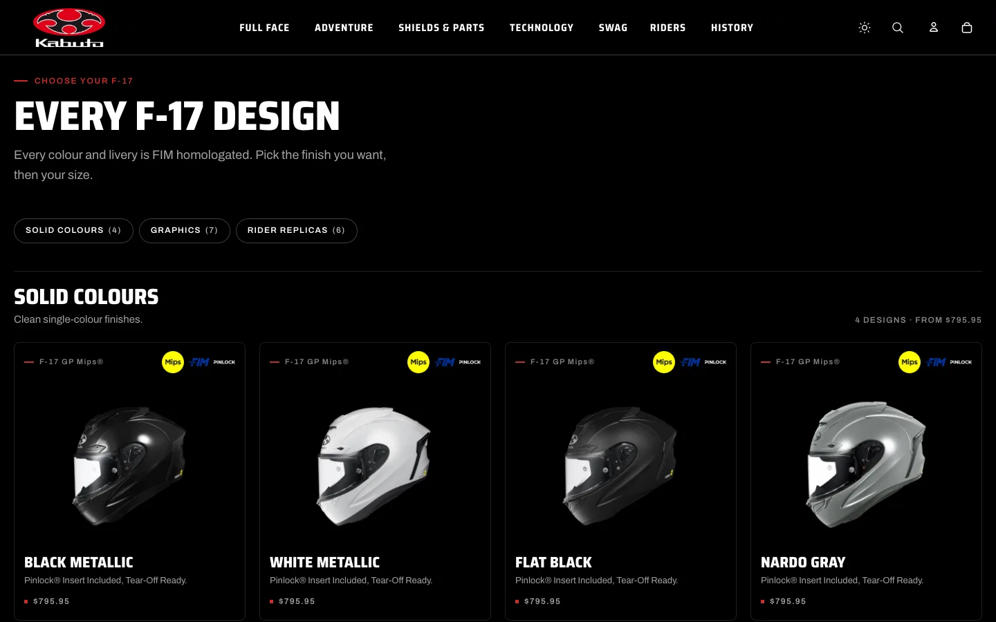 Every F-17 design section of the F-17 landing page, with solid colours, graphics and rider replica filters