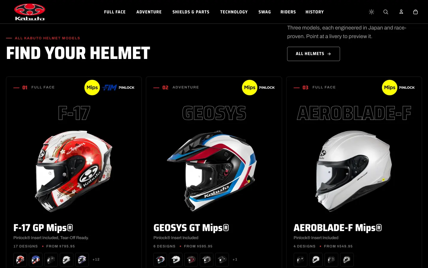 Kabuto Americas homepage helmet lineup with F-17, GEOSYS and Aeroblade-F models