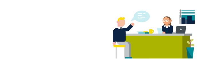 Illustration of two people at a desk with a speech bubble, on a white background
