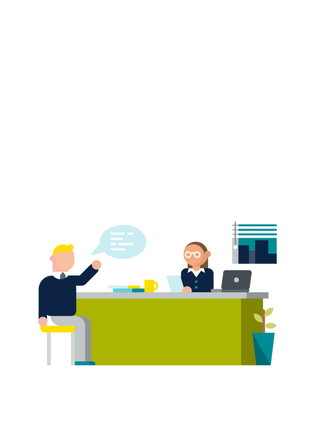 Illustration of two people at a desk with a speech bubble, indicating communication.