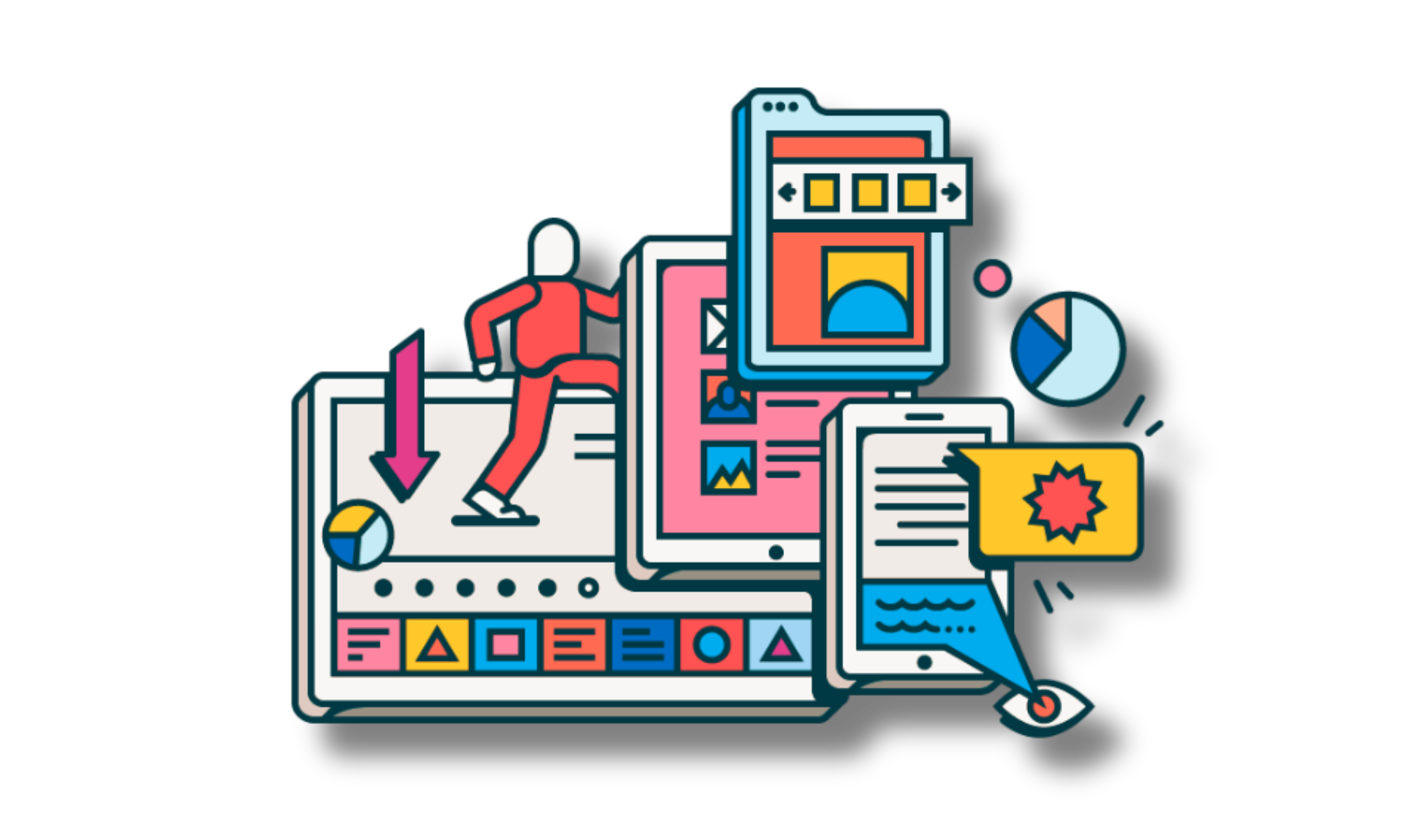 Illustration of a person using a computer with various icons and graphics on a white background