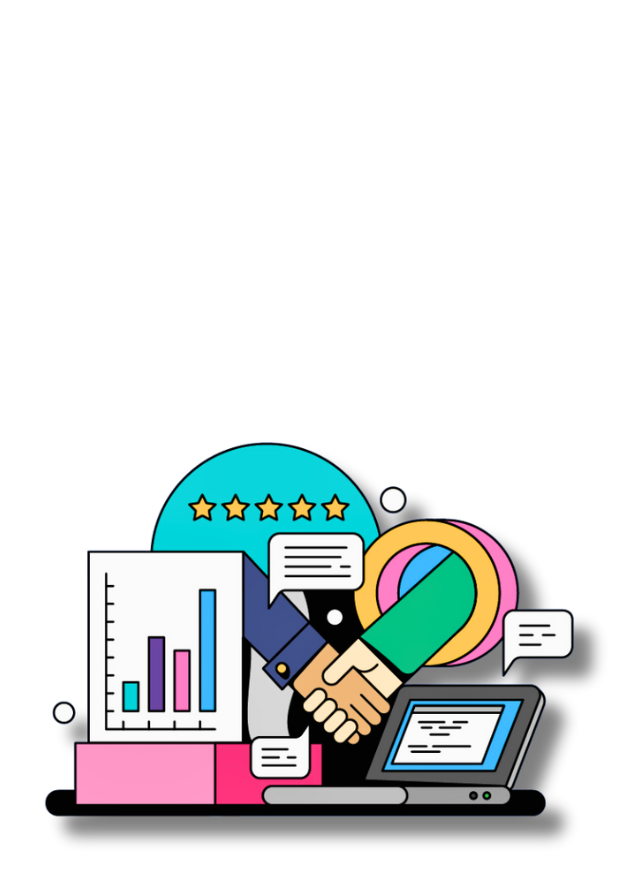 Illustration of a laptop with social media icons and text on a white background