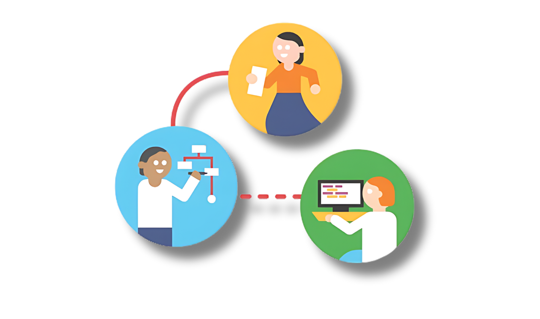 Illustration of three people connected by lines, each with a different activity on a white background.