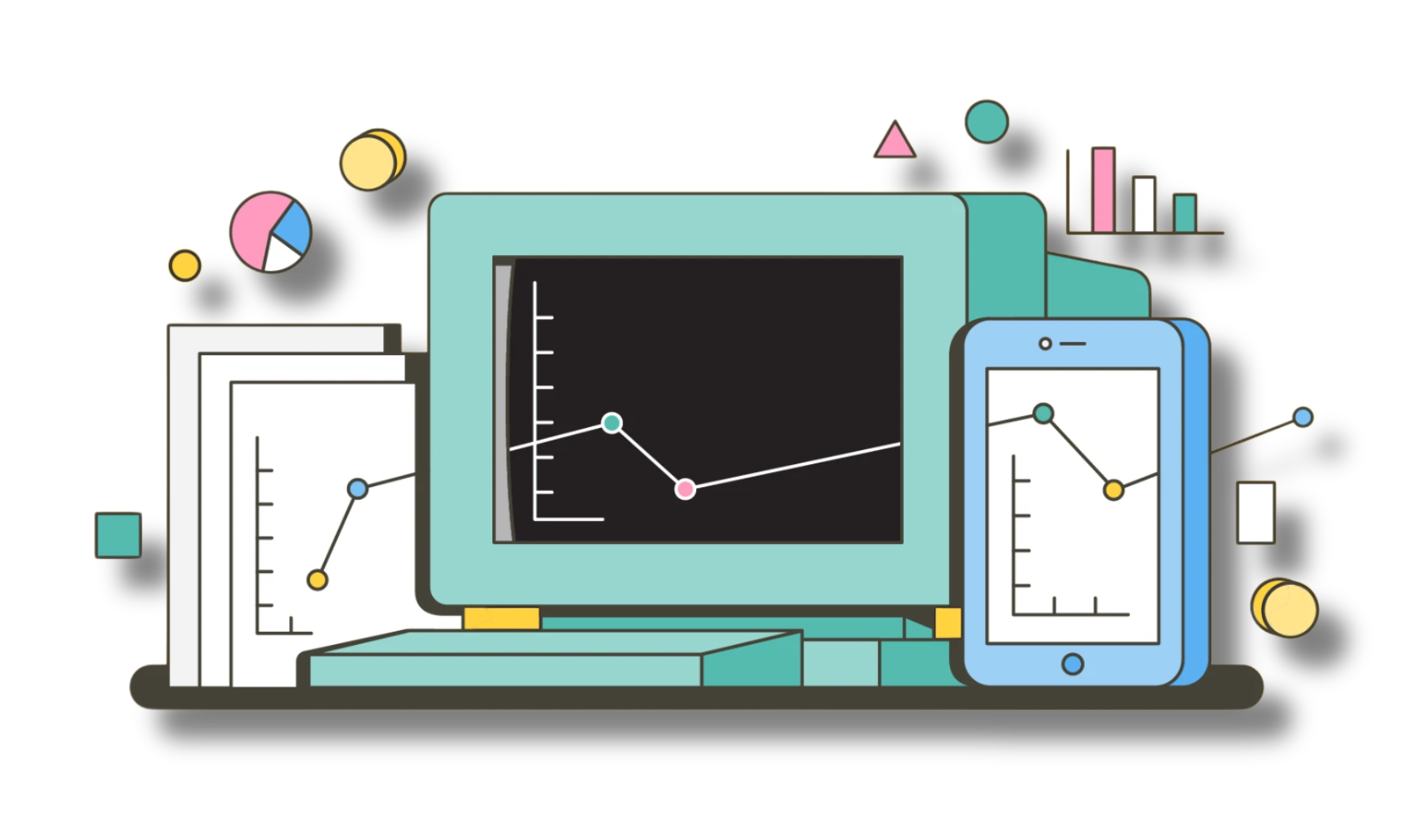 Illustration of a laptop, smartphone, and various charts on a white background