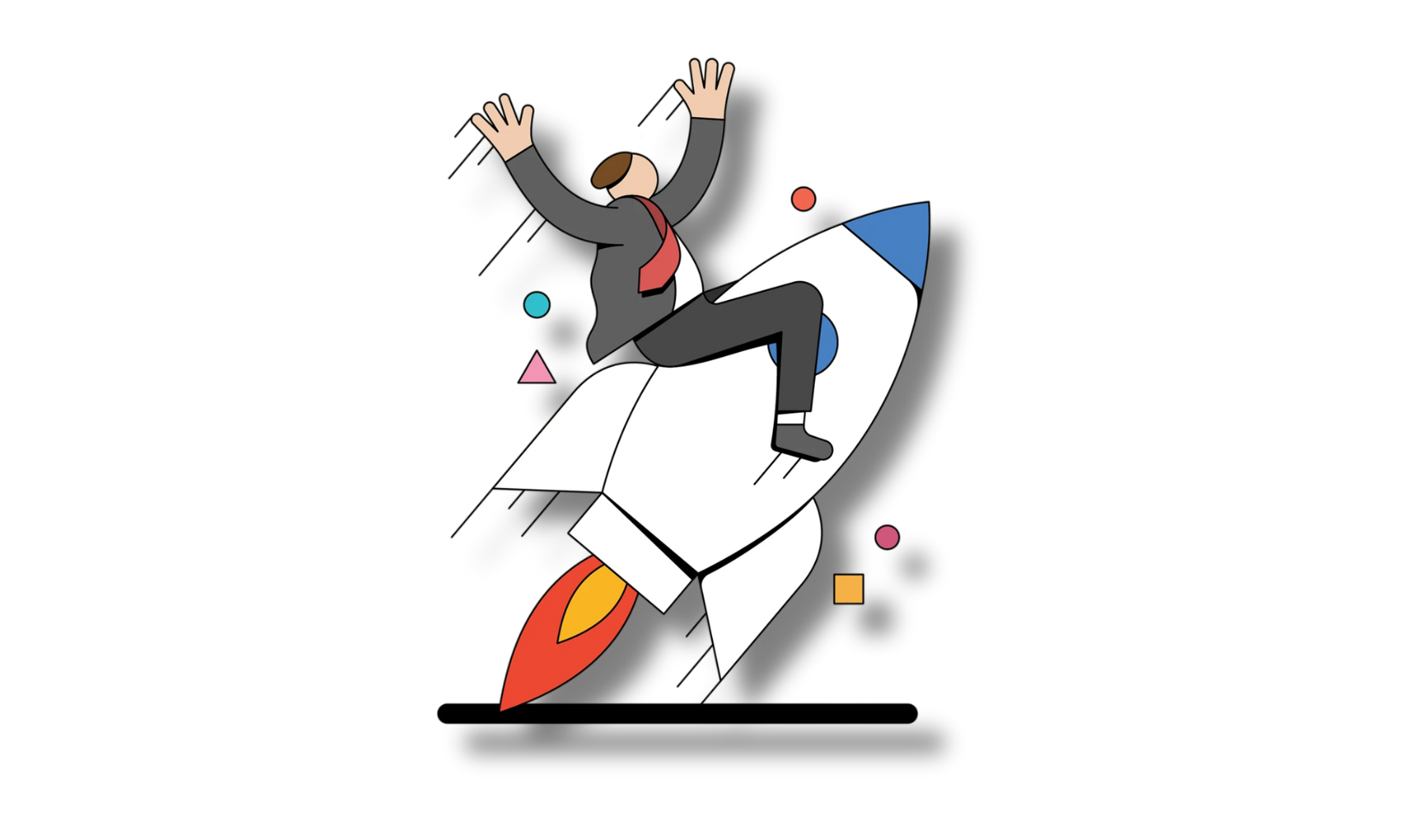 Illustration of a person on a rocket with geometric shapes on a white background
