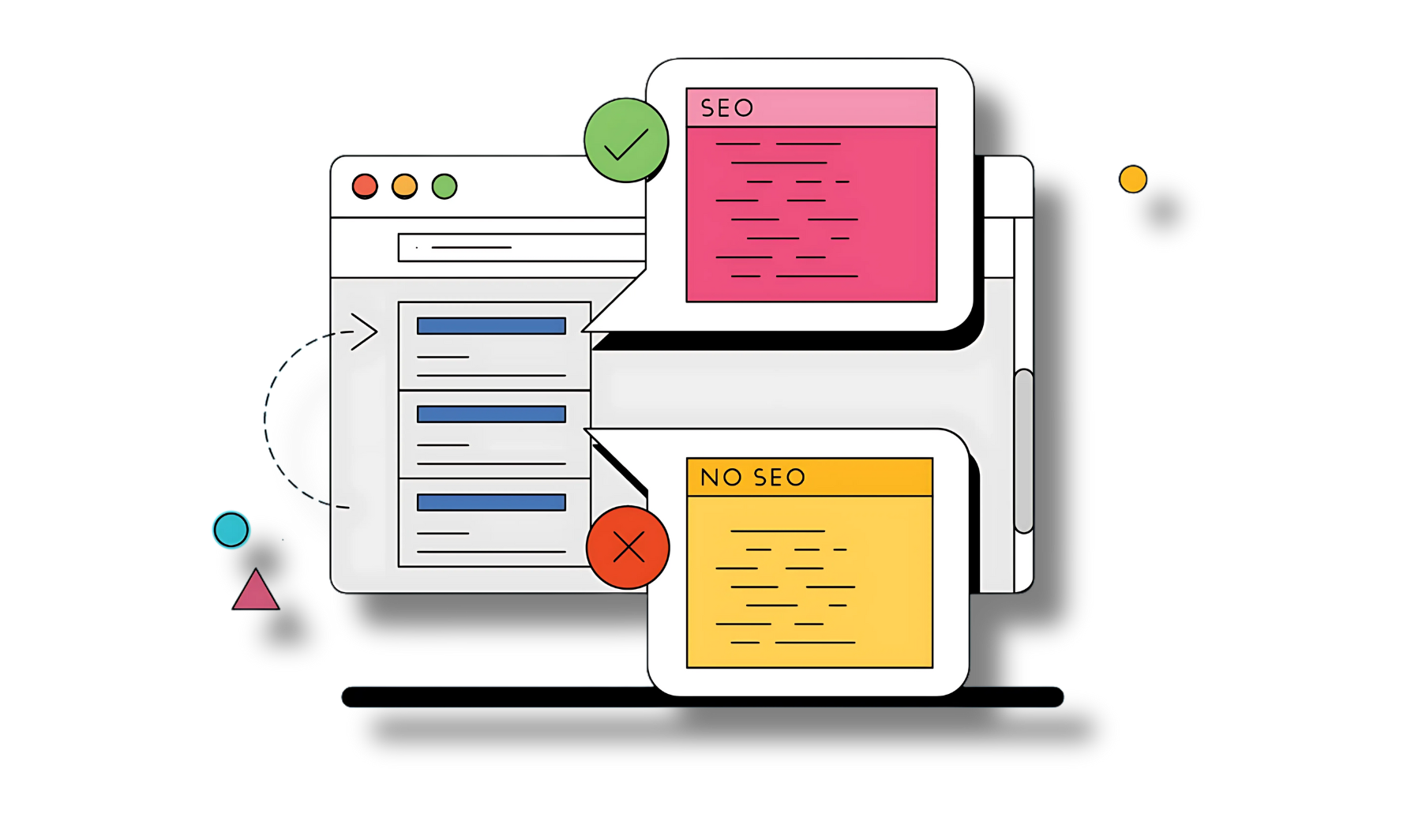 Illustration of a laptop with SEO-related text on screens