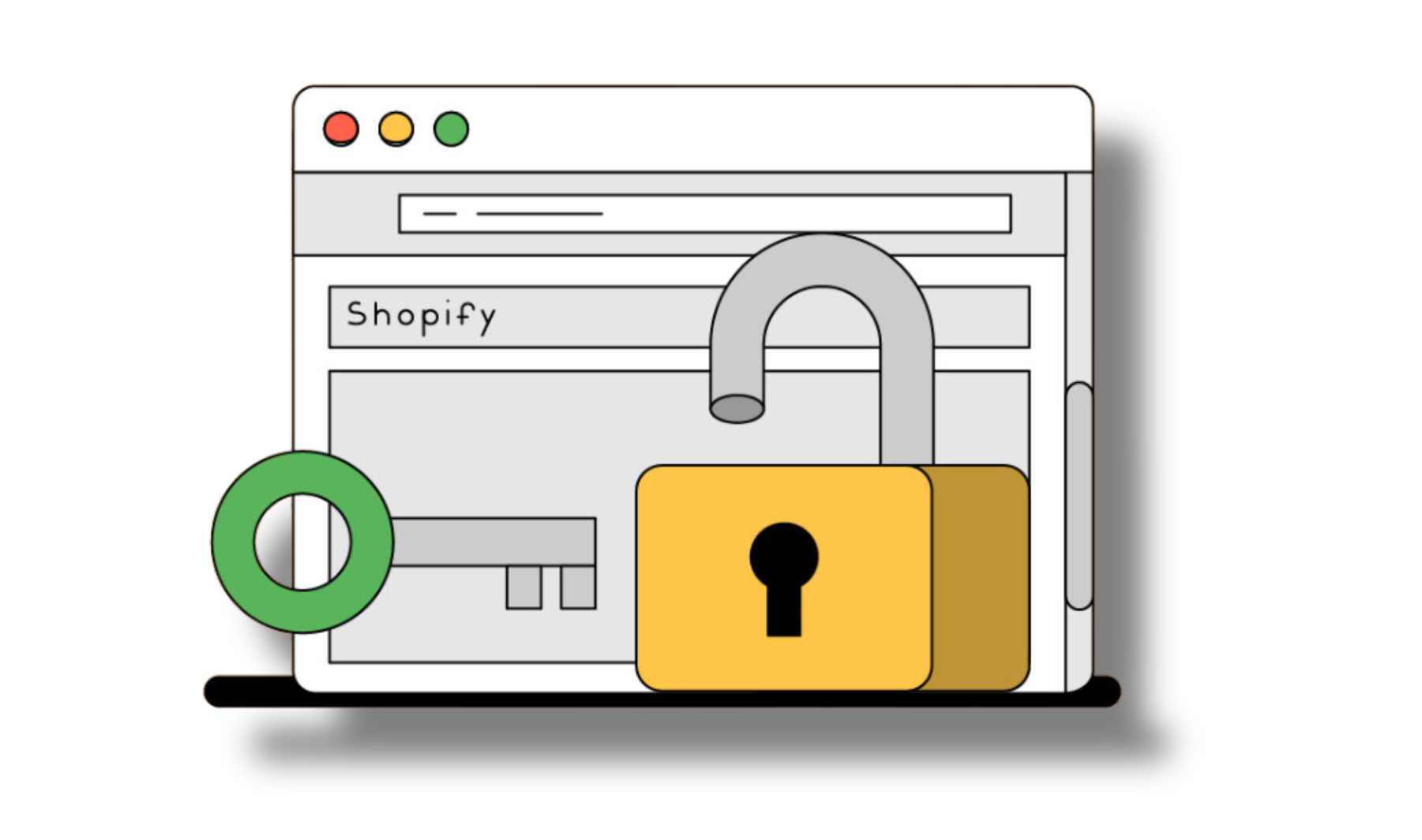 Illustration of a computer screen with a Shopify logo and a yellow lock icon, symbolizing security.