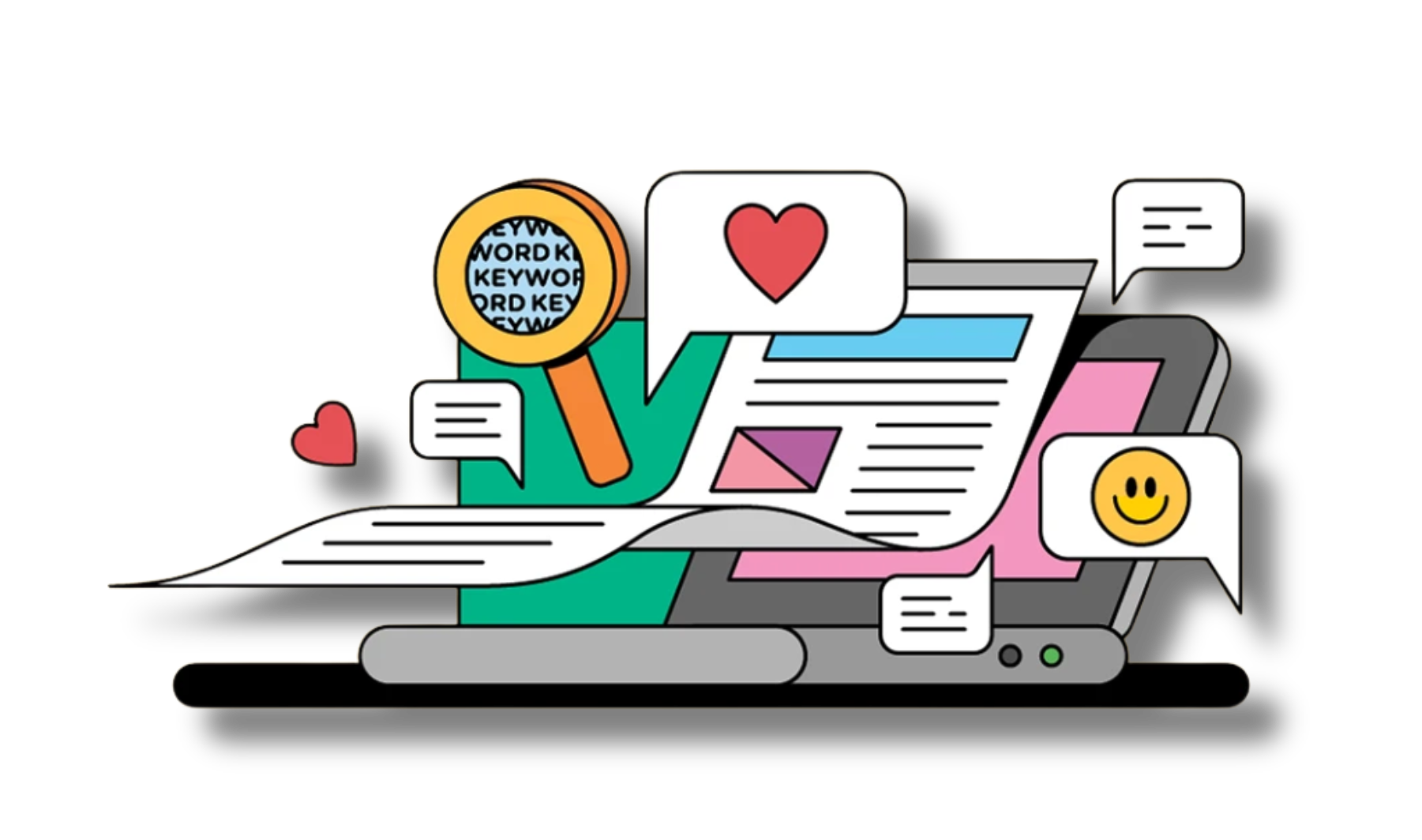 Illustration of a laptop with various icons and symbols on a white background