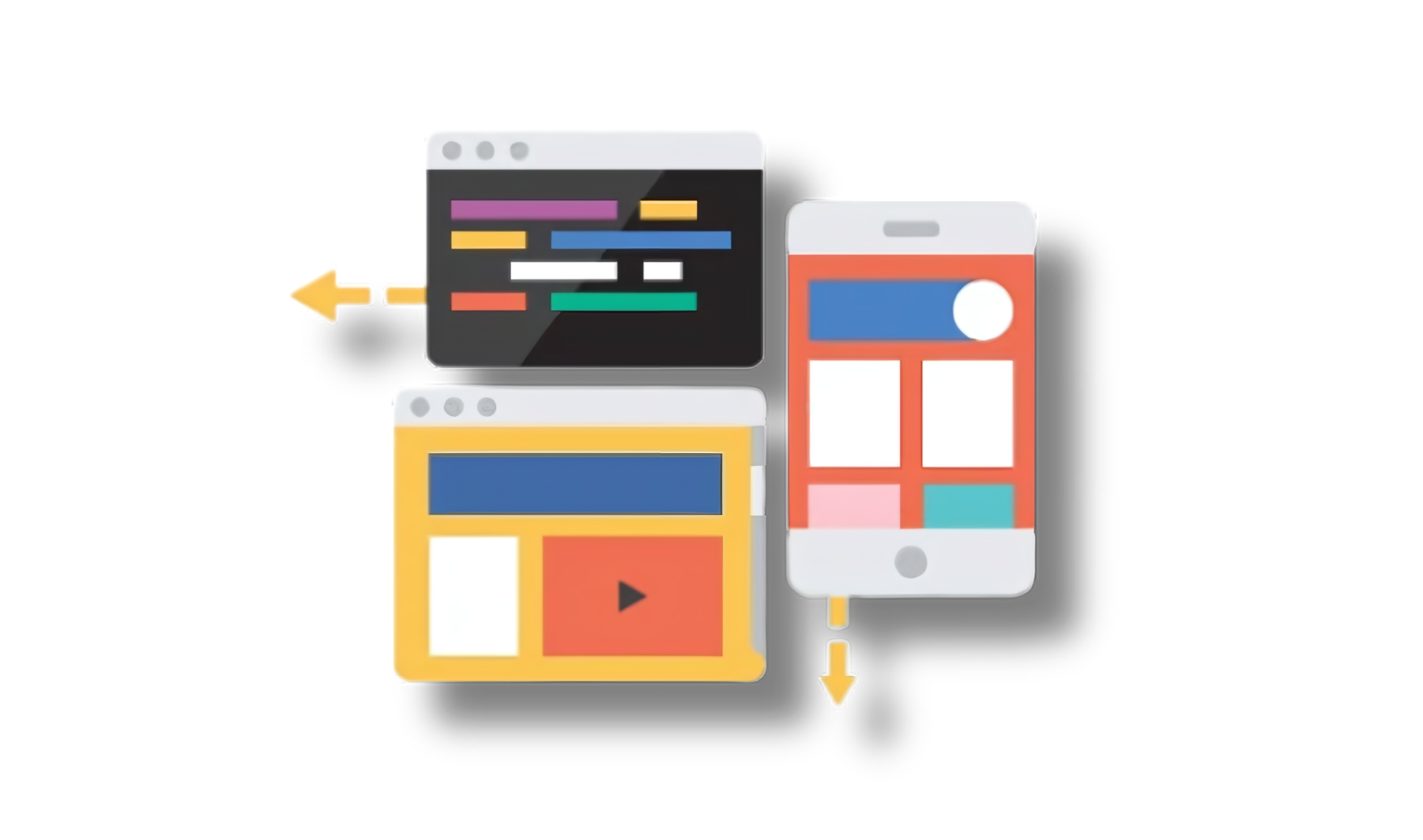 Illustration of a computer monitor, smartphone, and tablet with colorful interfaces on a white background.