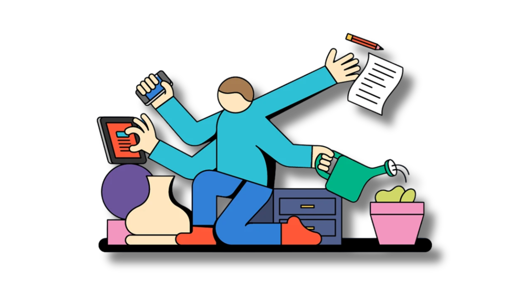 Colorful illustration of a person multitasking with various objects on a white background