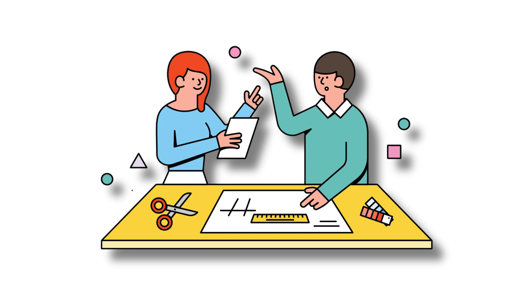 Illustration of two people at a table with paper and scissors, symbolizing a design or planning session.